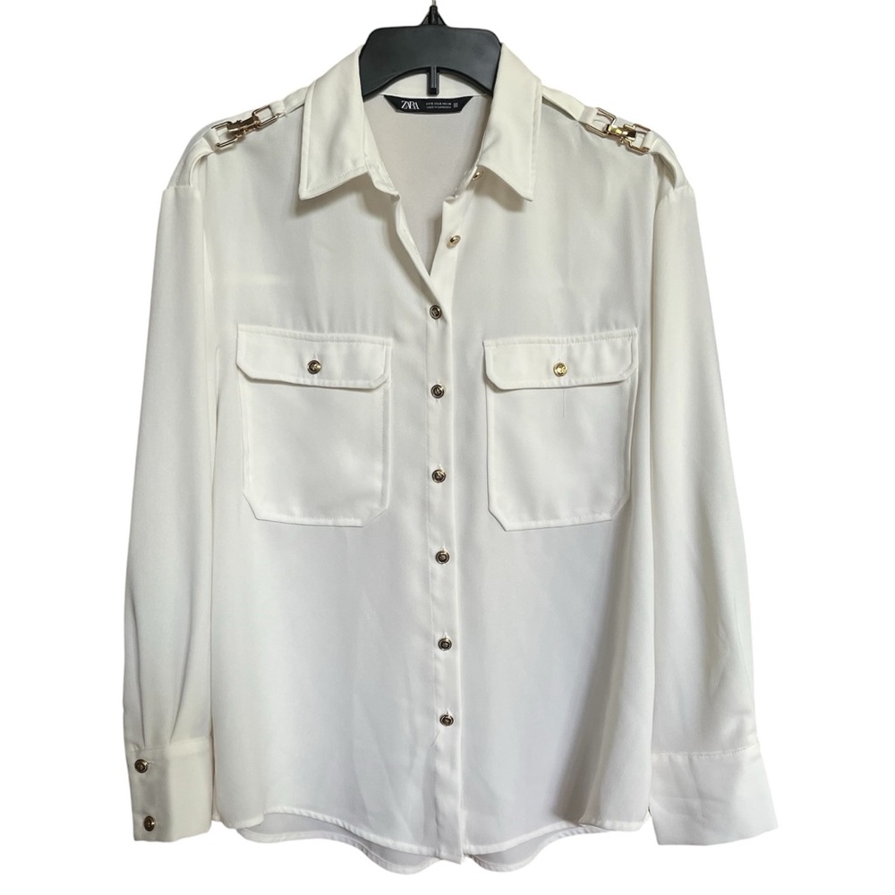 Zara Military Blouse Off White Gold Buttons Women’s Size Small S